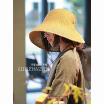 罗猪猪【山野】草帽环绕女夏天大檐透气帽子可扎辫子遮脸太阳帽