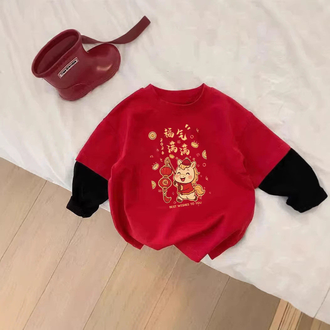 男童女童春秋新款红色长袖假两件T恤中小童福气满满休闲圆领上衣t