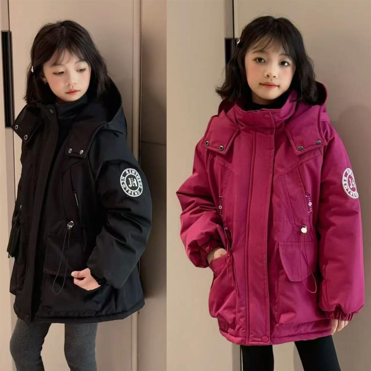 女童加绒棉服冬装2025新款中大童设计感加厚连帽保暖收腰冲锋衣潮