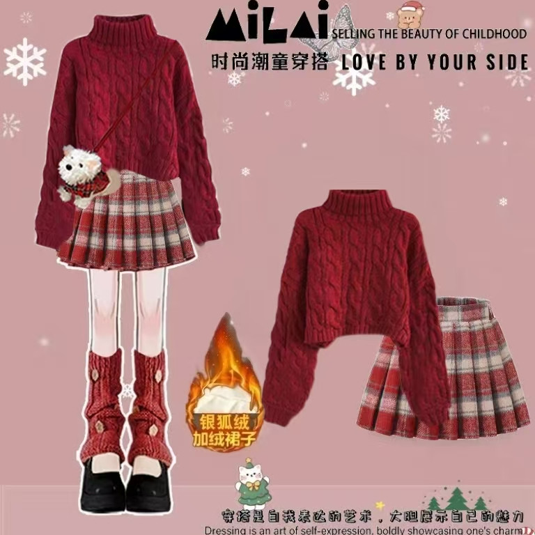 马年本命年女童学院风红色套装冬季加绒保暖毛衣呢子百褶裙两件套