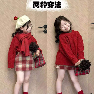 韩版女童2025冬季圣诞新年红色麻花套头毛衣+复古红格子半裙套装
