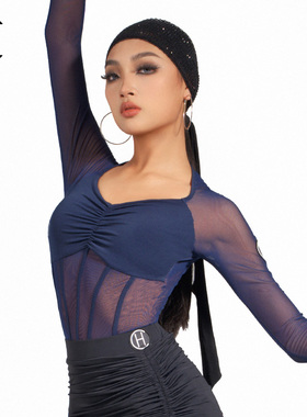 HC·DANCE拉丁舞服练功服修身上衣摩登舞服网纱连体衣长袖DS1021
