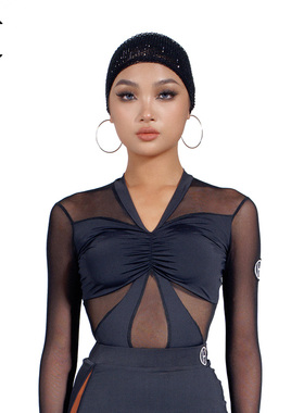 HC·DANCE拉丁舞服上衣网纱拼接V领连体衣拉丁舞练功服成人DS1016