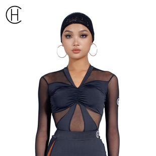 HC·DANCE拉丁舞服上衣网纱拼接V领连体衣拉丁舞练功服成人DS1016