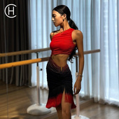 HC·DANCE新款 渐变舞裙腰部镂空连衣裙女成斜肩拉丁舞练功服DL371