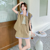 卡其色条纹拼接套装女2024新款小个子休闲衬衫无袖上衣短裤两件套，女装套装/套裙，2C280