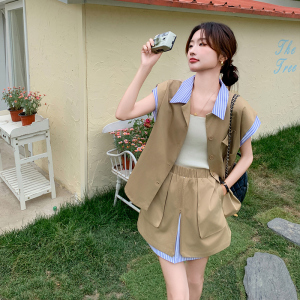卡其色条纹拼接套装女2024新款小个子休闲衬衫无袖上衣短裤两件套图片
