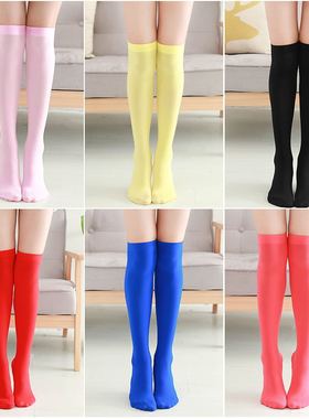 女童时尚天鹅绒长筒袜幼儿园演出过膝袜儿童高筒袜玫红橘黄色中筒