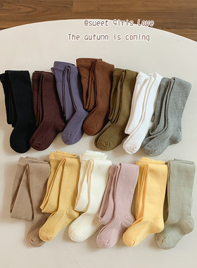 女童好质量连裤袜女宝宝春秋季细条纹焦糖黄色打底裤纯棉连脚袜子