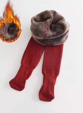 女童酒红色加厚加绒连裤袜女宝宝保暖打底裤儿童连脚周岁红裤袜子