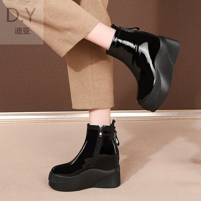 PATENT LEATHER MARTIN BOOTS WOMENS BRITISH STYLE SHORT BOOTS FALL|WINTER 2024 SINGLE BOOTS PLATFORM SOLED CHIMNEY BOOTS INNER HEIGHTENED CHELSEA BOOTS