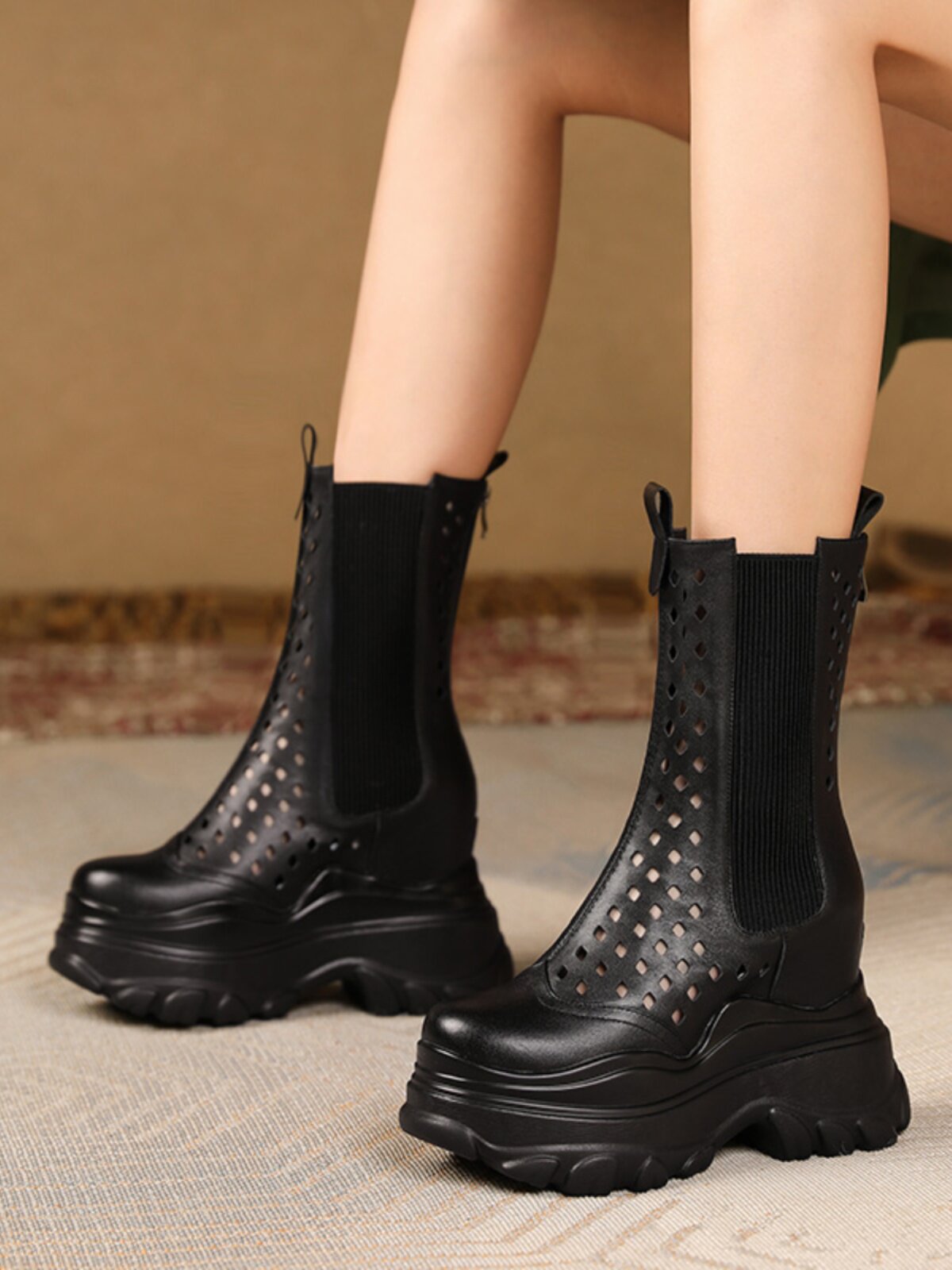 12CM INNER HEIGHTENED CHELSEA BOOTS WOMENS SUMMER 2024 THIN LEATHER PLATFORM FLATFORM HIGH HEEL CASUAL CUT-OUT BOOTS