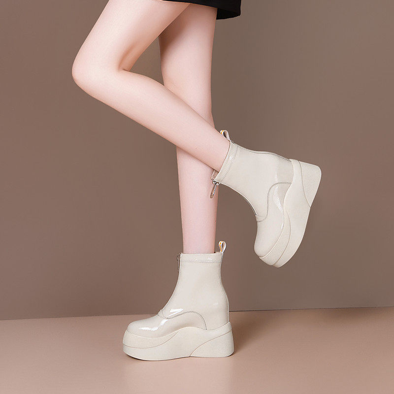 PATENT LEATHER NICHE DESIGN HIGH HEEL PLATFORM SOLE INNER BOOST BOOTIE FRONT ZIPPER SKINNY BOOTS CHELSEA BOOTS WOMENS INVERTED BOOTS TIDE