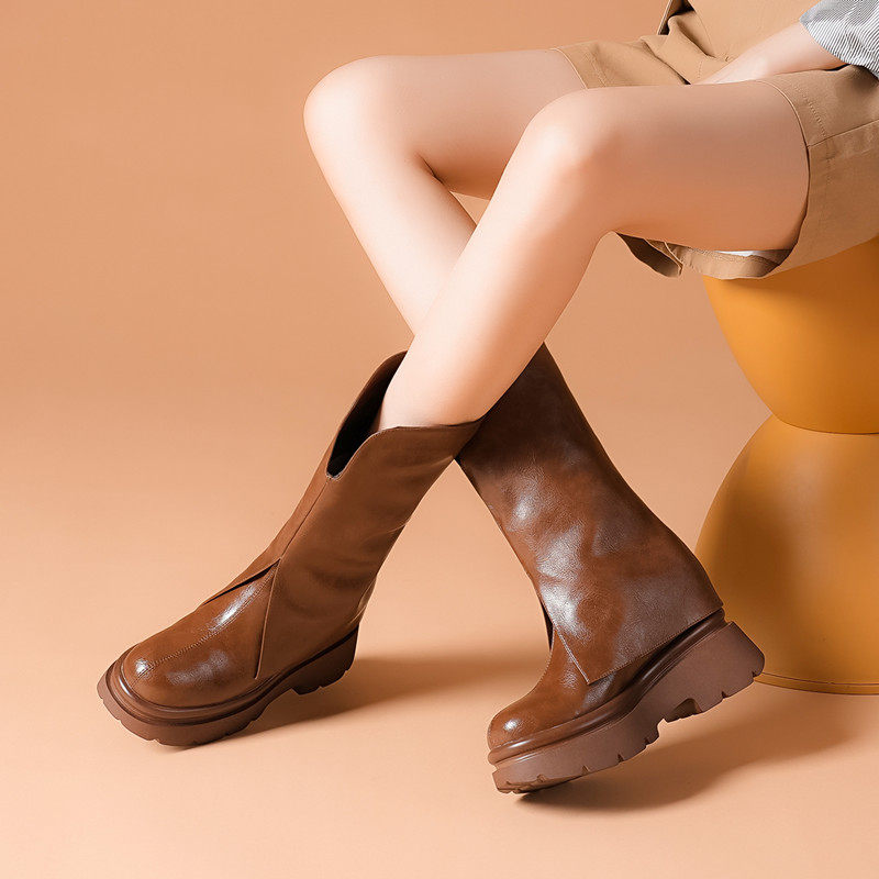 10CM INNER HEIGHT TROUSERS BOOTS V-MOUTH AUTUMN AND WINTER SINGLE BOOTS LEATHER SKINNY BOOTS HEIGHTENED FRIED STREET BOOTS BUT NOT KNEE-HIGH