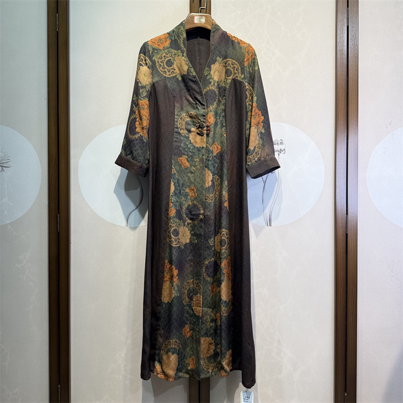 真丝红云纱提花花萝V领九分袖百搭桑蚕丝气质连衣裙女外披7-4-3