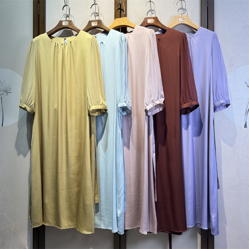 真丝双乔圆领七分袖桑蚕丝通勤百搭气质时尚系带连衣裙女5-1-10