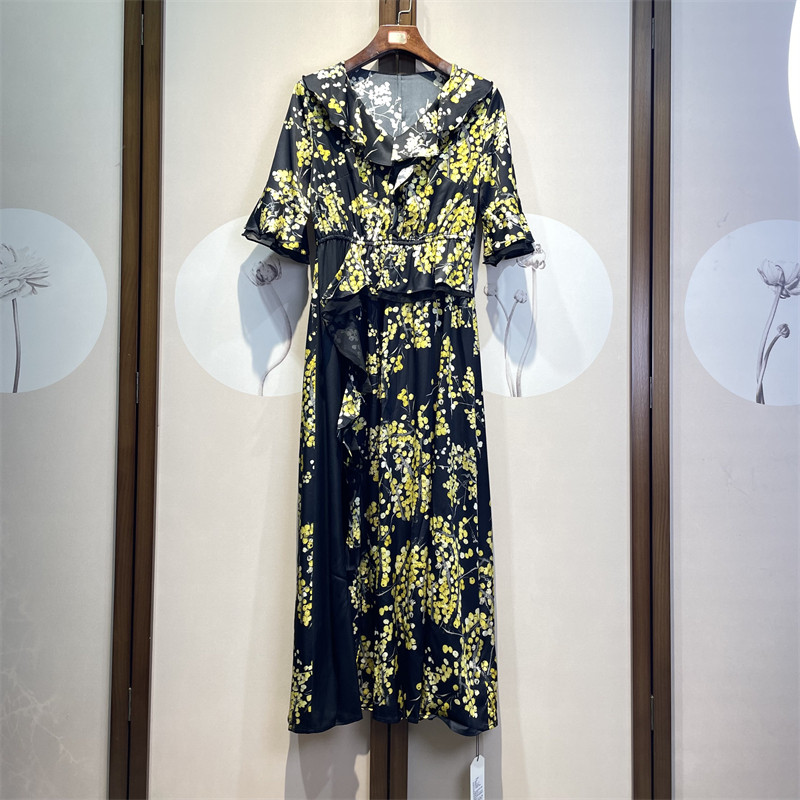 真丝斜纹绸印花V领喇叭袖设计感连衣裙修身显瘦桑蚕丝A字裙5-2-2