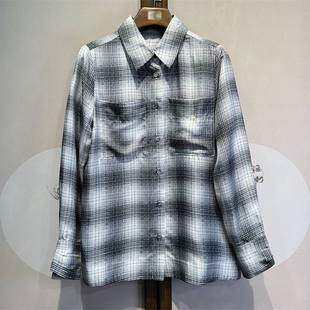 真丝斜纹绸格纹印花衬衫领长袖百搭时尚全开襟桑蚕丝上衣16-3-3