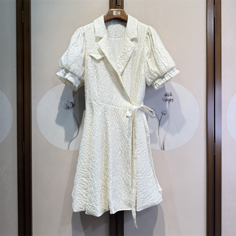 真丝聚酯混纺纯色V领短袖一片式穿脱气质修身双层连衣裙5-4-3