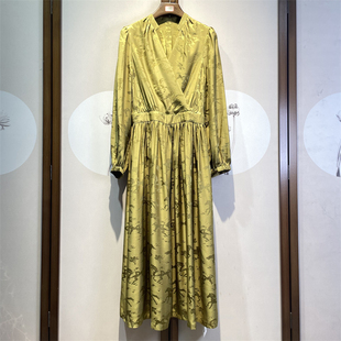 真丝提花纯色通勤时尚桑蚕丝V领长袖收腰连衣裙女6-5-4