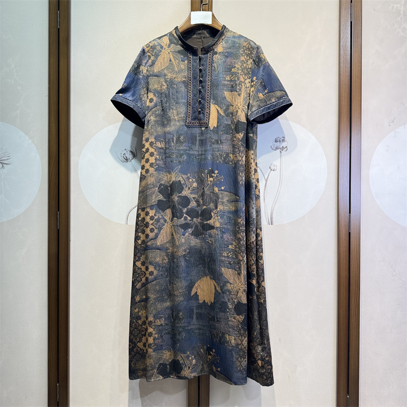 真丝香云纱珍珠缎刺绣工艺百搭时尚气质宽松桑蚕丝连衣裙7-2-3