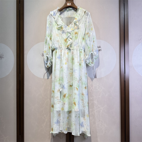 真丝乔琪通勤V领长袖连衣裙桑蚕丝气质清新双层A字裙女1-4-6