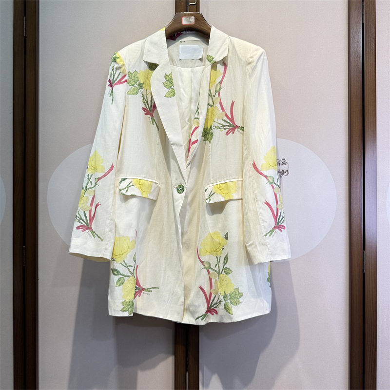 真丝棉混纺一粒扣式长袖百搭时尚宽松桑蚕丝中长款西装女23-3-5