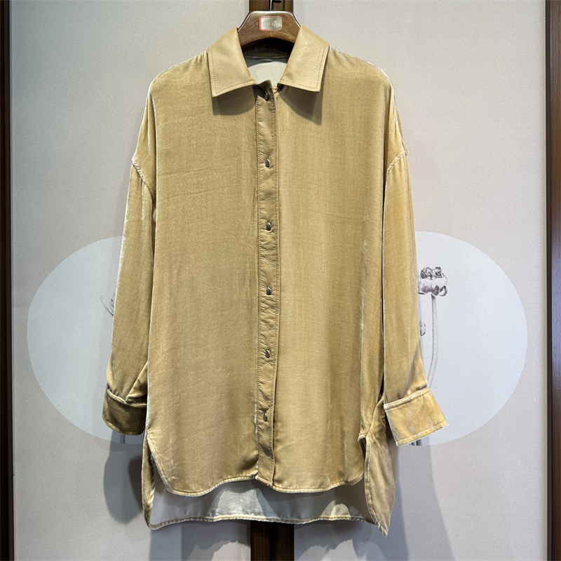 真丝丝绒衬衫领落肩长袖全开襟百搭时尚气质桑蚕丝外套上衣16-4-1