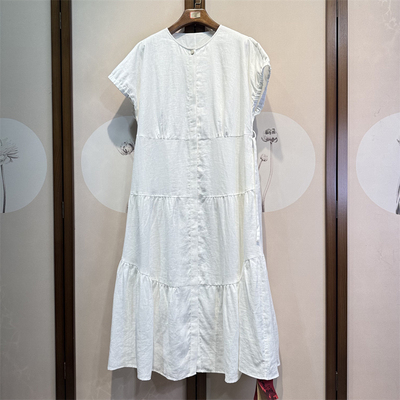 纯亚麻纯色圆领落肩短袖百搭时尚气质全开襟双层长款连衣裙女27-0