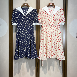 杭州真丝双绉印花双层通勤V领短袖连衣裙收腰桑蚕丝连衣裙女6-5-3