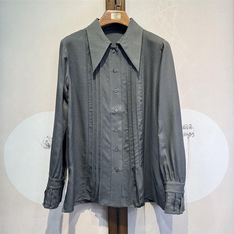 真丝混纺羊毛百搭尖领长袖全开襟衬衫桑蚕丝时尚气质上衣