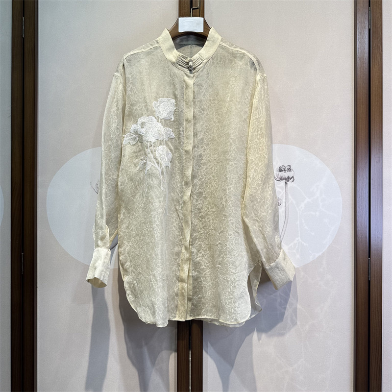 新款流苏绣花蚕丝欧根纱新中式盘扣对襟宽松衬衫女罩衫16-3-1