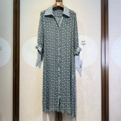 真丝乔琪碎花V领长袖桑蚕丝双层百搭通勤气质系带连衣裙4-2-8