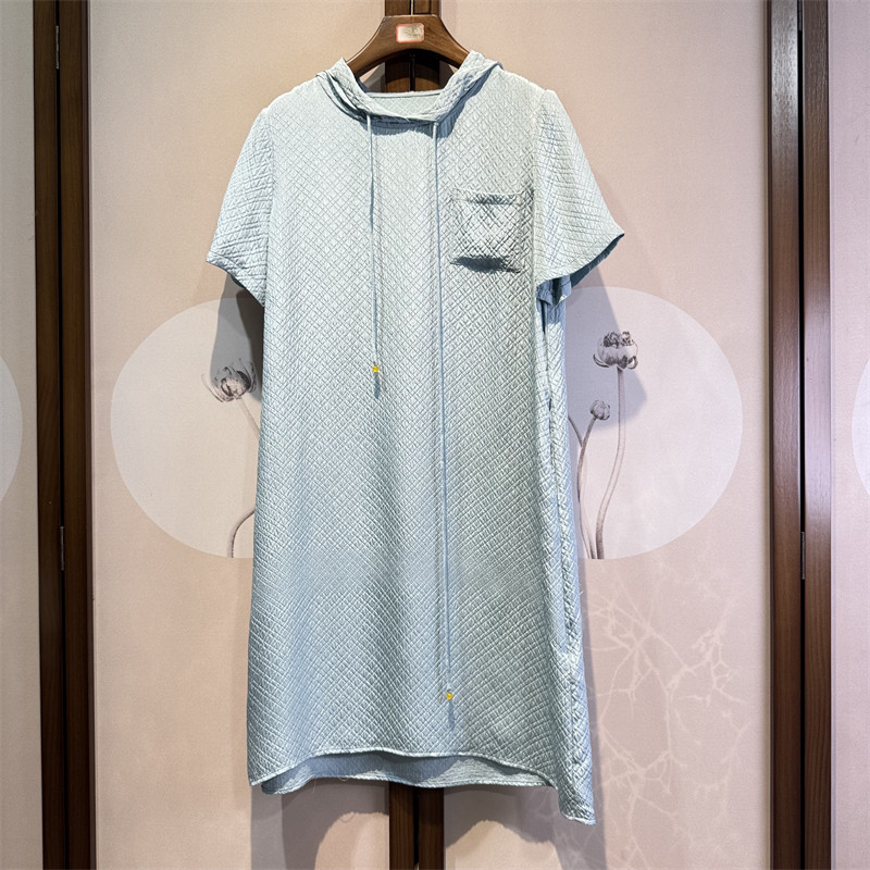 真丝冠乐绉百搭连帽短袖桑蚕丝通勤百搭直筒连衣裙女4-5-7
