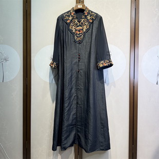 真丝香云纱龟纹刺绣连衣裙立领长袖百搭时尚桑蚕丝外披长裙7-2-5
