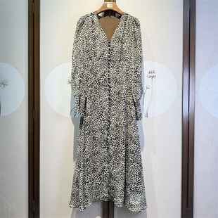 真丝乔琪豹纹花色百搭V领长袖修身气质桑蚕丝显瘦双层连衣裙4-3-7