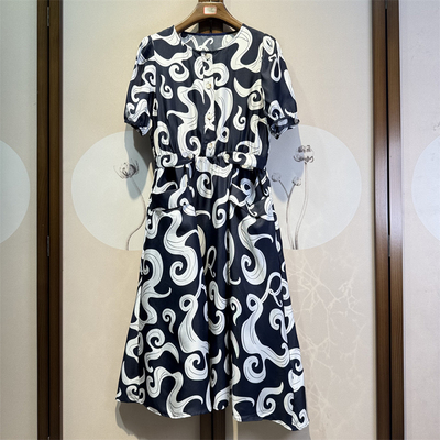 真丝斜纹绸印花圆领短袖百搭气质时尚修身桑蚕丝连衣裙女5-3-10