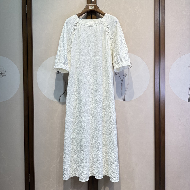 真丝锦纶混纺圆领落肩七分袖气质清新百搭桑蚕丝干丝连衣裙5-2-3