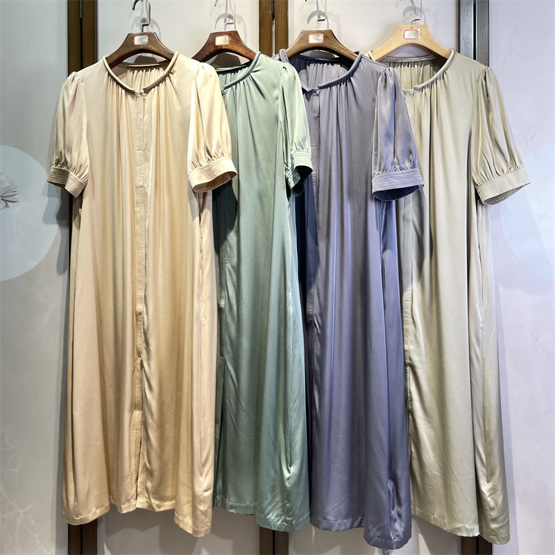 真丝双乔纯色桑蚕丝圆领短袖通勤百搭气质直筒连衣裙女4-5-4