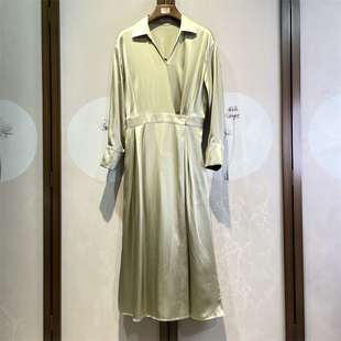 重磅真丝素绉缎连衣裙V领落肩长袖百搭气质时尚桑蚕丝中长裙1-5-1