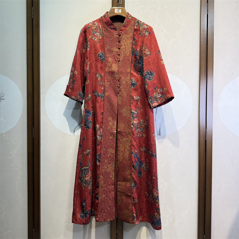 真丝红云纱花萝圆领九分袖百搭桑蚕丝气质A字连衣裙女外披7-2-4,女装/女士精品,连衣裙,淘宝优惠券,粉丝福利购,淘宝优惠卷