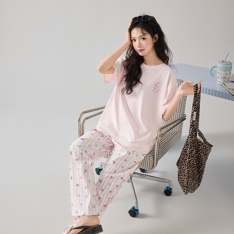 夏天薄款纯棉质短袖长裤睡衣女士休闲款式套头全棉家居服套装甜美