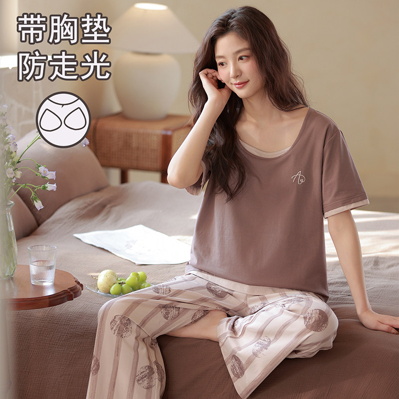 夏季薄款纯棉胸垫假两件睡衣女款