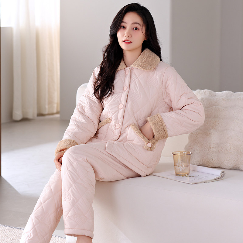 防水防汗棉衣套装冬季加厚珊瑚绒夹棉睡衣女款开衫棉服套装家居服