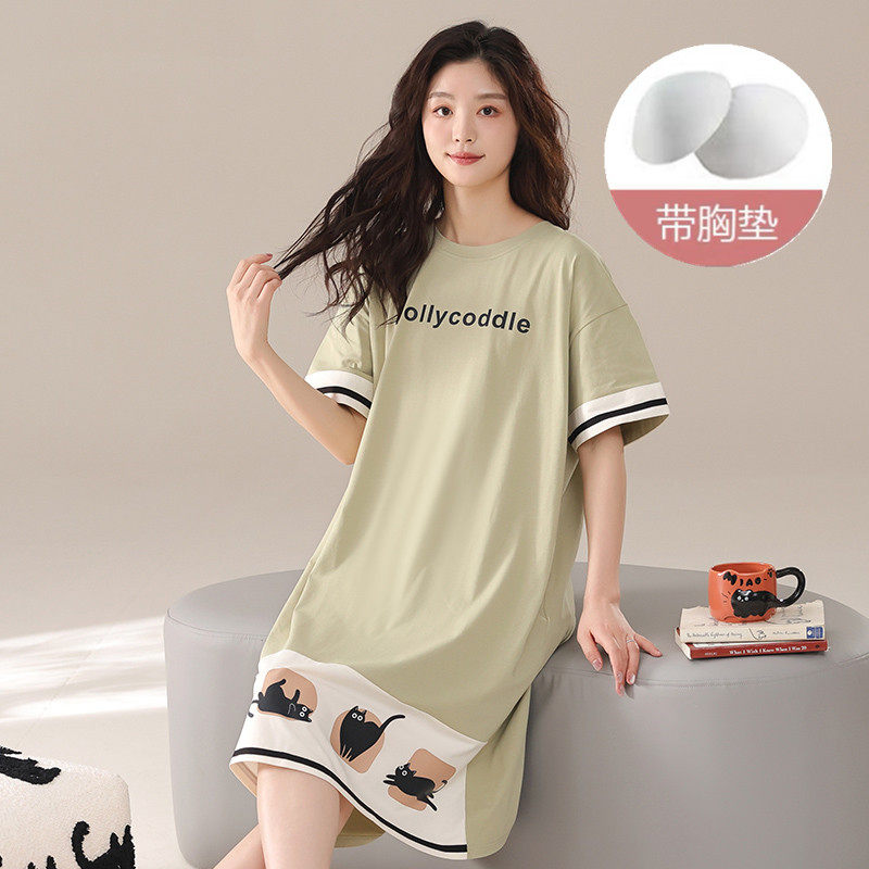不用穿内衣自带海绵胸垫短袖睡裙夏季女款连衣裙纯棉质家居服睡衣