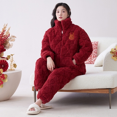 高个子加长版珊瑚绒夹棉睡衣女士