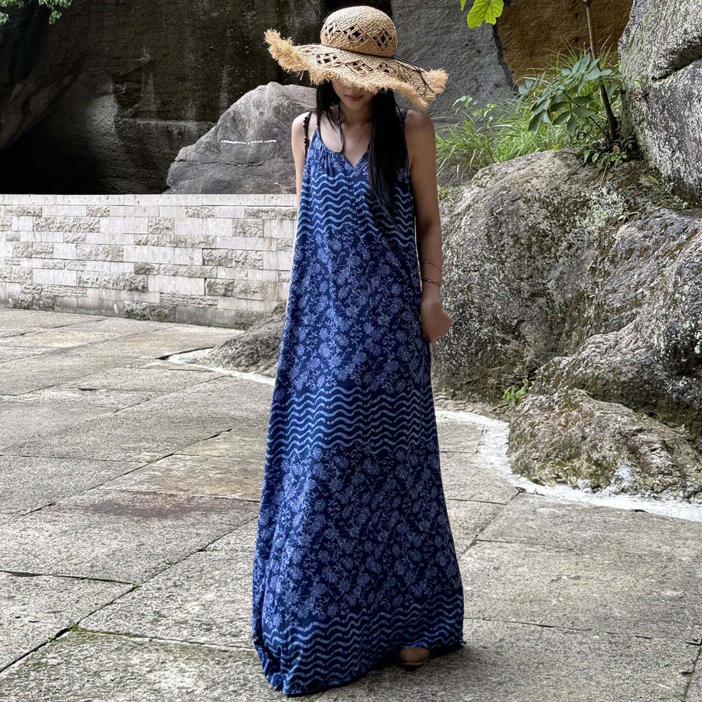 沙滩裙夏天度假风睡裙女士无袖吊带连衣裙棉绸睡衣长裙薄款家居服