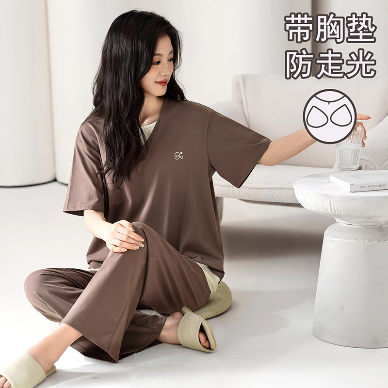 莫代尔棉带胸垫短袖长裤家居服夏