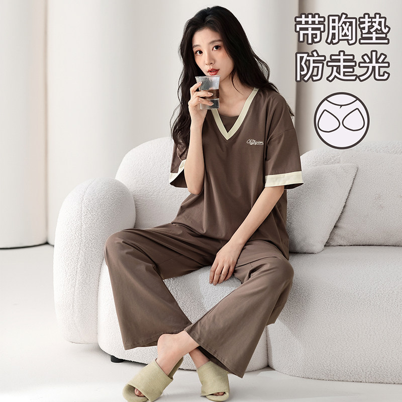 自带固定海绵胸垫短袖长裤睡衣夏季莫代尔棉薄款家居服套头假两件