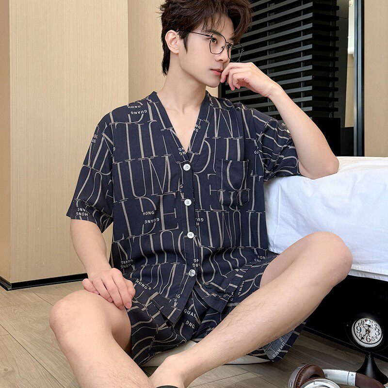 男士棉绸开衫V领短袖短裤睡衣夏天薄款梭织棉质家居服休闲加大码